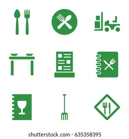 Fork icons set. set of 9 fork filled icons such as forklift, pitchfork, restaurant, menu