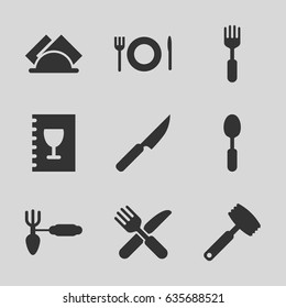 Fork icons set. set of 9 fork filled icons such as spoon, gardening tool, napkin, menu