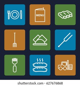 Fork icons set. set of 9 fork outline icons such as forklift, sausage, fork, tonometer, napkin