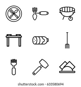 Fork icons set. set of 9 fork outline icons such as sausage, fork, gardening tool, bbq, napkin, knife