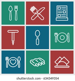 Fork icons set. set of 9 fork outline icons such as sausage, spoon, gardening tool, napkin