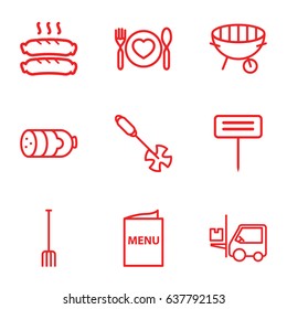 Fork icons set. set of 9 fork outline icons such as sausage, pitchfork, gardening tool, forklift, plate with spoon and fork, bbq