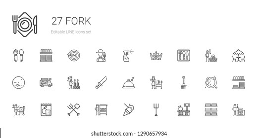fork icons set. Collection of fork with tools and utensils, garden, food and restaurant, burning grill, meal, grill, rake, rotisserie, dinner. Editable and scalable fork icons.