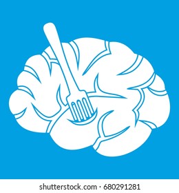 Fork is inserted into the brain icon white isolated on blue background vector illustration