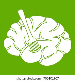 Fork is inserted into the brain icon white isolated on green background. Vector illustration