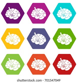 Fork is inserted into the brain icon set many color hexahedron isolated on white vector illustration