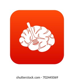 Fork is inserted into the brain icon red for any design isolated on white vector illustration