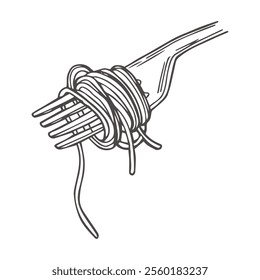 Fork with just spaghetti around. Italian food, pasta noodles sketch. Hand drawn vintage vector illustration