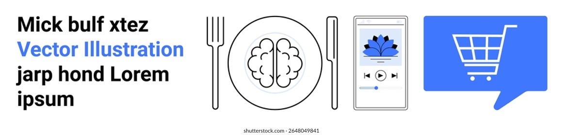 Fork, knife, brain on a plate, smartphone with audio app, speech bubble with shopping cart. Ideal for technology, education, online shopping, food industry, communication, user interface, modern