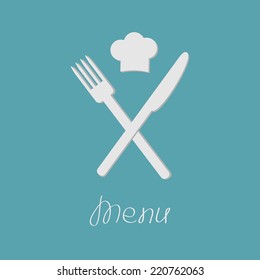 Fork knife and chef hat on the top. Menu card. Flat design style. Vector illustration