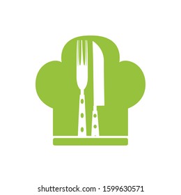 Fork and knife in a chef hat. Restaurant logo - Vector illustration