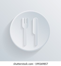 fork and knife, circle white paper icon with a long shadow.