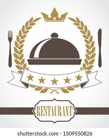 fork knife and cloche on on laurel wreath label / restaurant theme vector background