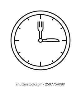 Fork And Knife As Clock Hands Indicating Time To Eat Line Icon. Mealtime Or Lunchtime Schedule Outline Symbol. Isolated Vector Illustration.