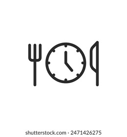 Fork, knife, and clock, linear style icon. meal time, dining schedule, or food timing. Editable stroke width.