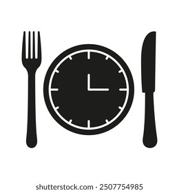 Fork And Knife With Clock Silhouette Icon, Lunch Time Concept. Restaurant, Scheduling, Culinary And Nutrition. Isolated Vector Illustration.
