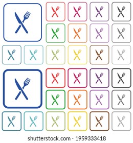 Fork and knife color flat icons in rounded square frames. Thin and thick versions included.