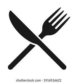 Fork and knife crossed icon logo. Flat shape restaurant or cafe place sign. Utensil across. Kitchen and diner menu button symbol. Vector silhouette illustration image.