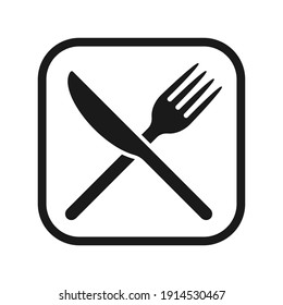 Fork and knife crossed icon logo. Flat shape restaurant or cafe place sign. Utensil across. Kitchen and diner menu button symbol. Vector silhouette illustration image.