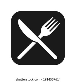 Fork and knife crossed icon logo. Flat shape restaurant or cafe place sign. Utensil across. Kitchen and diner menu button symbol. Vector silhouette illustration image.