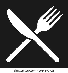 Fork and knife crossed icon logo. Flat shape restaurant or cafe place sign. Utensil across. Kitchen and diner menu button symbol. Vector silhouette illustration image.