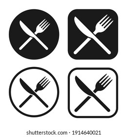 Gabel- und Messerschnitt-Symbol-Logo. Flaches Gestaltungsschild für Restaurant oder Café. Utensil quer. Knopfsymbol für Küchen und Abendessen. Vektorsilhouettengrafik.