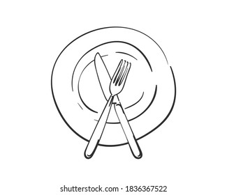 Fork and knife crossed on empty plate, Vector linear sketch top view cutlery isolated, Kitchen dining utensils, Hand drawn black line on white background