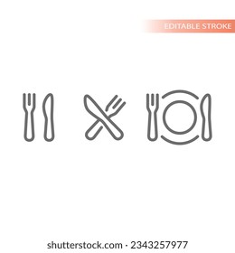 Fork and knife crossed and plate line icons. Outline meal or dish vector icon set.