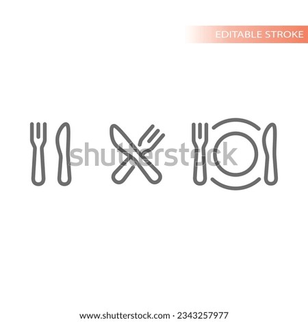 Fork and knife crossed and plate line icons. Outline meal or dish vector icon set.