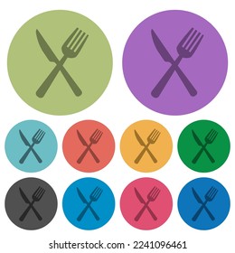 Fork and knife in crossed position darker flat icons on color round background