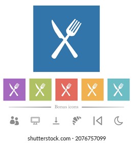 Fork and knife in crossed position flat white icons in square backgrounds. 6 bonus icons included.