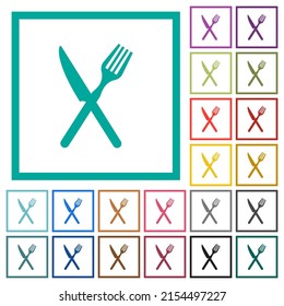 Fork and knife in crossed position flat color icons with quadrant frames on white background