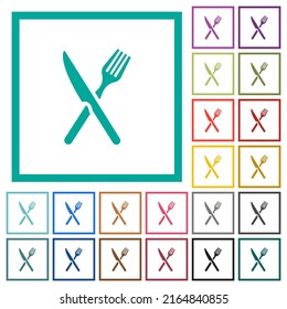 Fork and knife in crossed position flat color icons with quadrant frames on white background