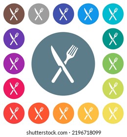 Fork and knife in crossed position flat white icons on round color backgrounds. 17 background color variations are included.