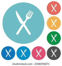 Fork and knife in crossed position flat white icons on round color backgrounds