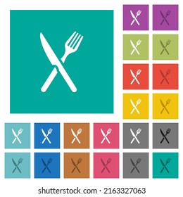 Fork and knife in crossed position multi colored flat icons on plain square backgrounds. Included white and darker icon variations for hover or active effects.