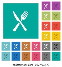 Fork and knife in crossed position multi colored flat icons on plain square backgrounds. Included white and darker icon variations for hover or active effects.