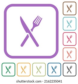 Fork and knife in crossed position simple icons in color rounded square frames on white background