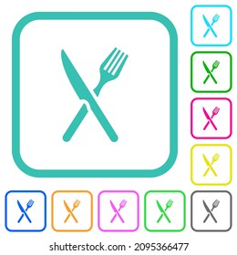 Fork and knife in crossed position vivid colored flat icons in curved borders on white background
