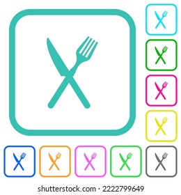 Fork and knife in crossed position vivid colored flat icons in curved borders on white background