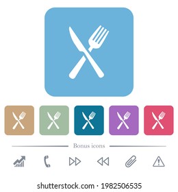 Fork and knife in crossed position white flat icons on color rounded square backgrounds. 6 bonus icons included