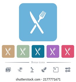 Fork and knife in crossed position white flat icons on color rounded square backgrounds. 6 bonus icons included