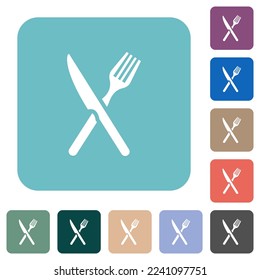 Fork and knife in crossed position white flat icons on color rounded square backgrounds