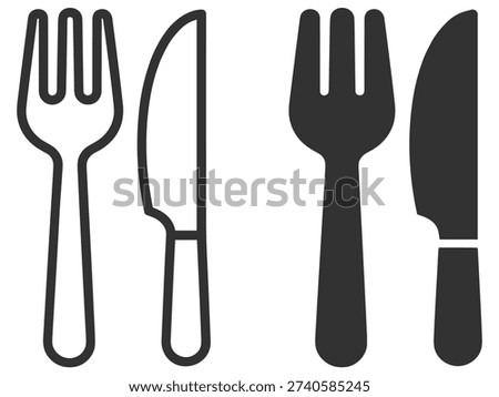Fork and knife cutlery icons in outline and solid style, restaurant dining utensil symbol set on transparent background
