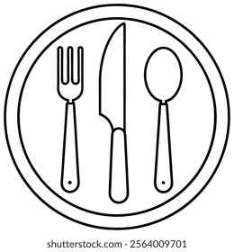 fork, knife, cutlery, and plate in sign line art icon vector silhouette illustration for photo overlays, t-shirt print, and flyer poster design