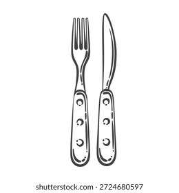 Talheres de garfo e faca com alças clássicas. Louça de mesa utensílios para jantar, detalhes de cozinha rústica. Contorno estilo de gravação monocromático, vintage arte de linha. Ilustração vetorial.