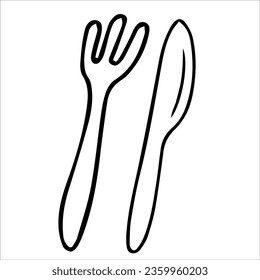 Fork and knife, cutlery. Vector black and white hand-drawn illustration. Silhouette, icon, logo, sketch, template, doodles.