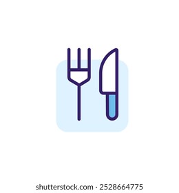 Fork and knife. Dining room color icon with blue accents. Simple vector linear illustration. Flat pictogram with rounded corners.