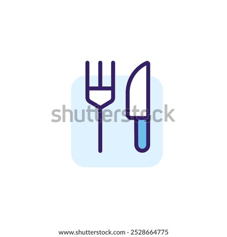 Fork and knife. Dining room color icon with blue accents. Simple vector linear illustration. Flat pictogram with rounded corners.