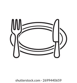 Fork and knife flanking an oval plate, simple line art illustration